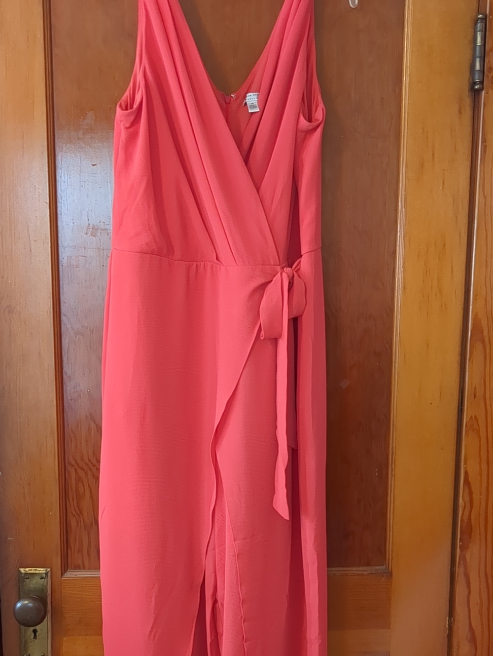London Style Collection Sleeveless Coral Wrap Maxi Dress with Tie Waist